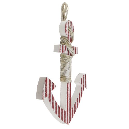 16" Red and White Striped Nautical Hanging Anchor with Rope Wall Art