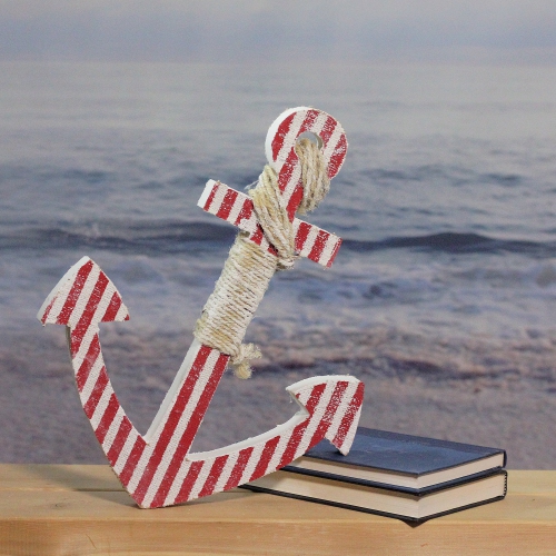 16" Red and White Striped Nautical Hanging Anchor with Rope Wall Art