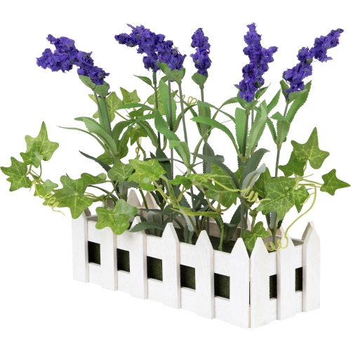 11.75" Artificial Flowering Lavender Plant in White Picket Fence Container