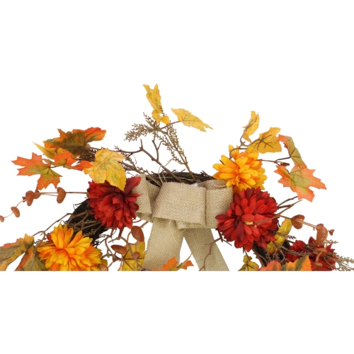 Fall Leaf with Mum Flower Artificial Thanksgiving Twig Wreath, Orange 20-Inch