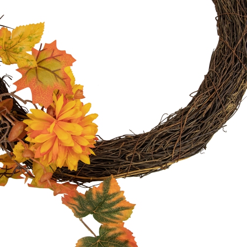 Fall Leaf with Mum Flower Artificial Thanksgiving Twig Wreath, Orange 20-Inch