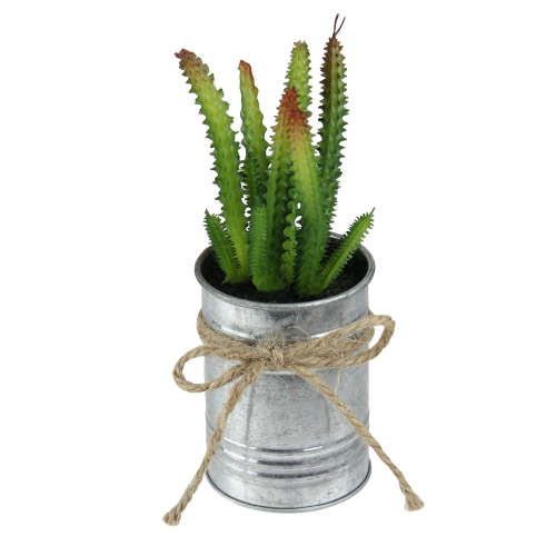 7" Green Mini Artificial Spiky Greenery in Tin Planter with Twine Bow