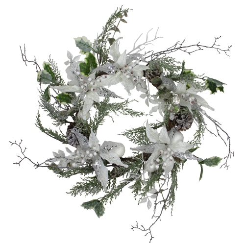 NORTHLIGHT  Iced Poinsettia Artificial Christmas Wreath - 22 Inch, Unlit In White