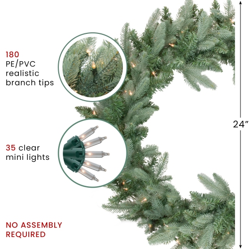 Pre-Lit Washington Frasier Fir Artificial Christmas Wreath - 24-Inch, Clear Lights