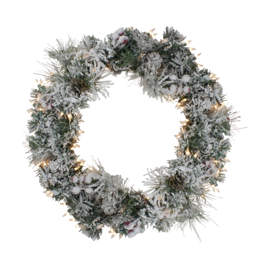 NORTHLIGHT  Pre-Lit Heavily Flocked Berries And Pine Cones Artificial Christmas Wreath - 24-Inch, Clear Lights 