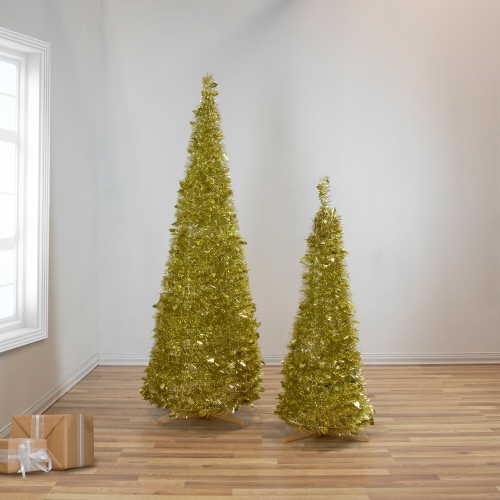 6' Gold Tinsel Pop-Up Artificial Christmas Tree, Unlit
