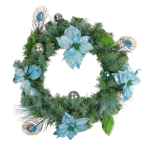 Peacock Poinsettia Artificial Christmas Wreath - 24-Inch, Unlit