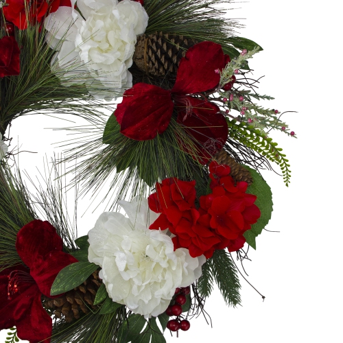 Peony and Amaryllis Twig Artificial Floral Wreath, Red 24-Inch