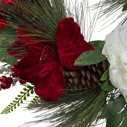 Peony and Amaryllis Twig Artificial Floral Wreath, Red 24-Inch