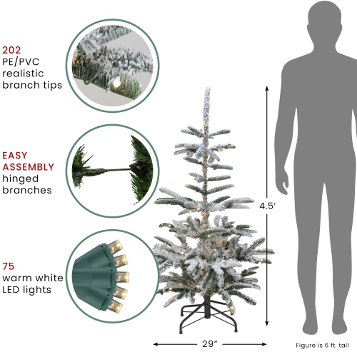 4.5 Ft Pre-Lit Nordmann Fir Artificial Flocked Christmas Tree - Warm Clear LED Lights