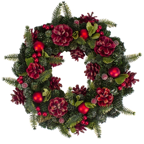 NORTHLIGHT  "13"" And Green Pine Cones And Ornaments Christmas Wreath" In Red