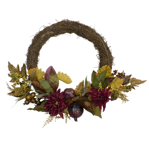 Mums and Pomegranates Artificial Floral Wreath, Red 20-Inch