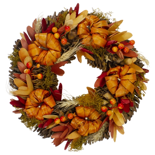 NORTHLIGHT  Pumpkins And Berries Autumn Harvest Wreath, 13-Inch, Unlit In Orange