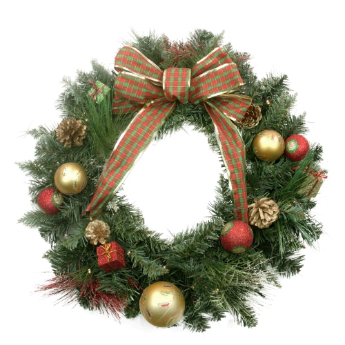Pre-Lit Pine Cone and Gifts Artificial Christmas Wreath, 24-Inch, Warm Clear LED Lights