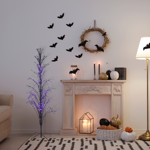 4' Pre-Lit Black Cascade Outdoor Halloween Twig Tree, Purple Lights
