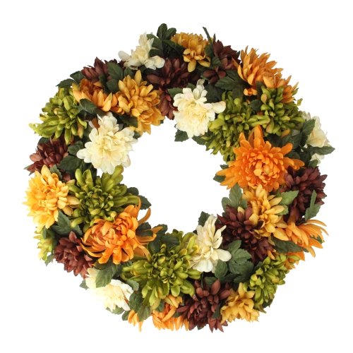 NORTHLIGHT  Autumn And Green Chrysanthemum Artificial Thanksgiving Wreath - 19.5-Inch, Unlit In Orange