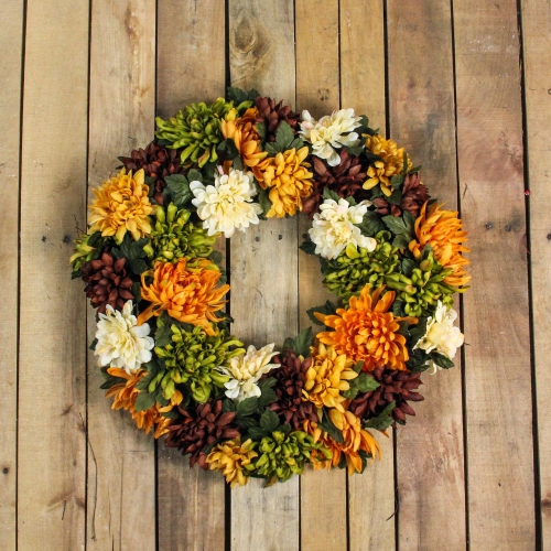 Autumn Orange and Green Chrysanthemum Artificial Thanksgiving Wreath - 19.5-Inch, Unlit