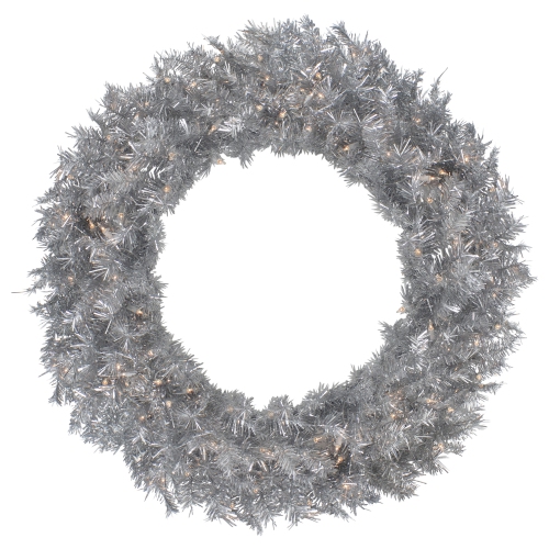 NORTHLIGHT  36" Pre-Lit Tinsel Artificial Christmas Wreath, Clear Lights In Silver