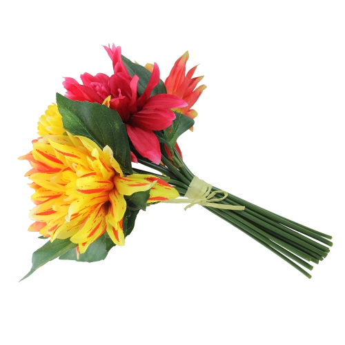 12.5" Red and Yellow Artificial Decorative Elegant Dahlia Flower Bouquet