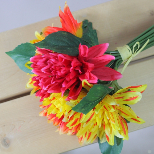 12.5" Red and Yellow Artificial Decorative Elegant Dahlia Flower Bouquet