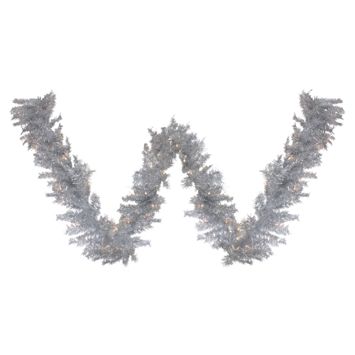 9' x 12" Pre-Lit Silver Tinsel Artificial Christmas Garland, Clear Lights