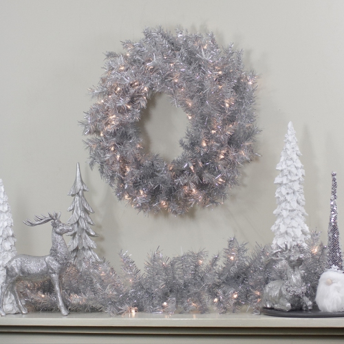 9' x 12" Pre-Lit Silver Tinsel Artificial Christmas Garland, Clear Lights