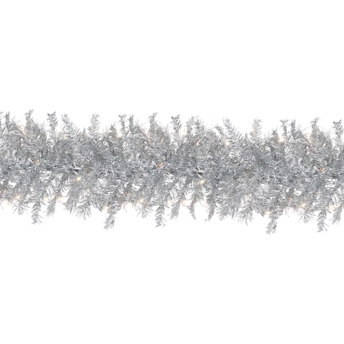9' x 12" Pre-Lit Silver Tinsel Artificial Christmas Garland, Clear Lights
