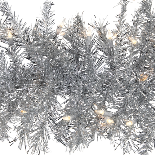 9' x 12" Pre-Lit Silver Tinsel Artificial Christmas Garland, Clear Lights