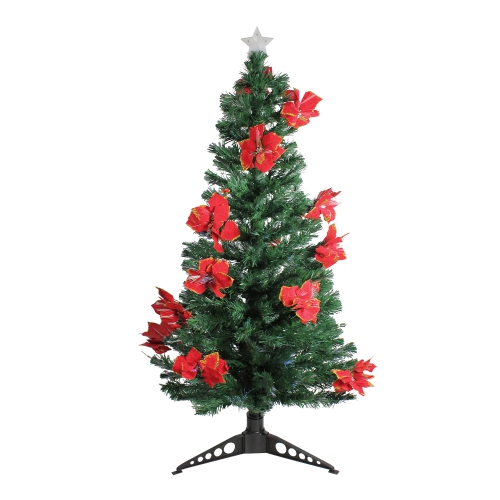 DAK  5' Pre-Lit Fiber Optic Artificial Christmas Tree With Poinsettias - Multi In Red