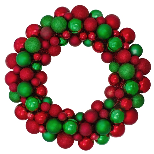 NORTHLIGHT  And Green 3-Finish Shatterproof Ball Christmas Wreath - 24-Inch, Unlit In Red