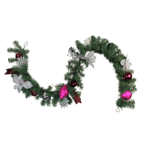 NORTHLIGHT  6' X 9" Foliage, Poinsettia And Ornament Artificial Christmas Garland, Unlit