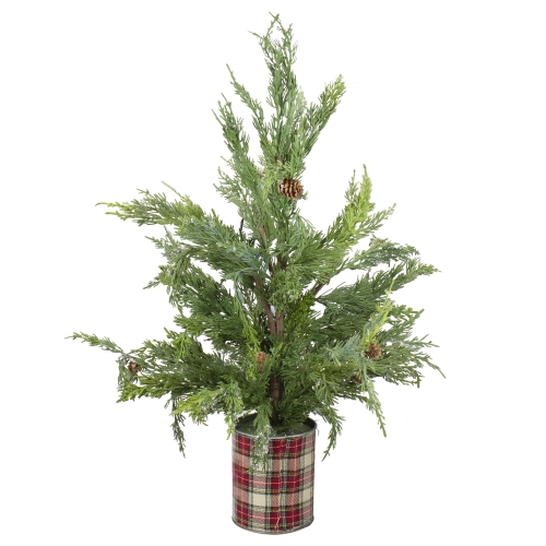 24" Iced Cedar Artificial Christmas Tree in Plaid Pot - Unlit
