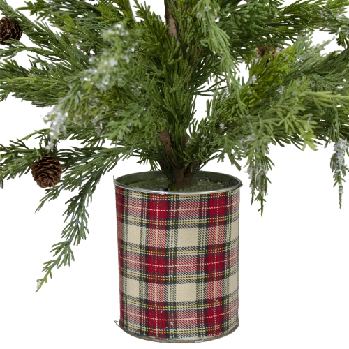 24" Iced Cedar Artificial Christmas Tree in Plaid Pot - Unlit