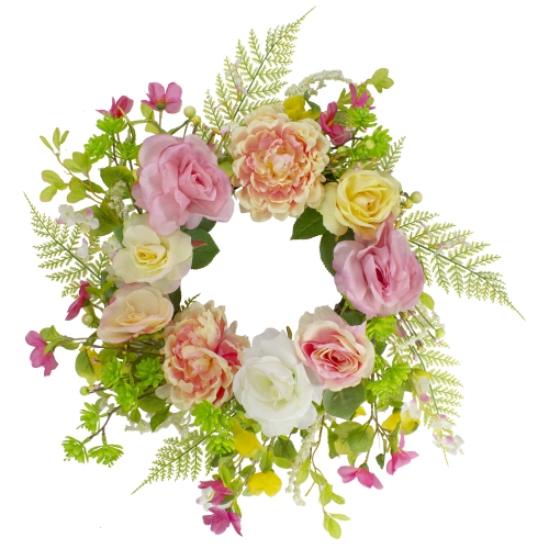 Rose and Peony Artificial Floral Spring Wreath, Pink and Yellow - 22-Inch