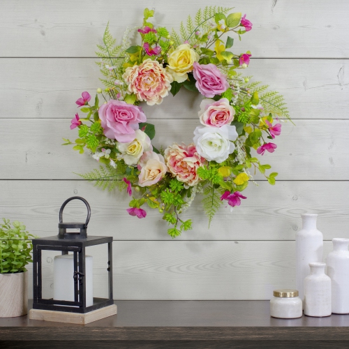 Rose and Peony Artificial Floral Spring Wreath, Pink and Yellow - 22-Inch