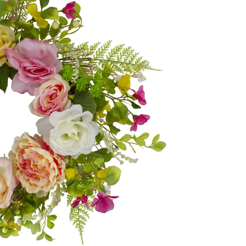 Rose and Peony Artificial Floral Spring Wreath, Pink and Yellow - 22-Inch
