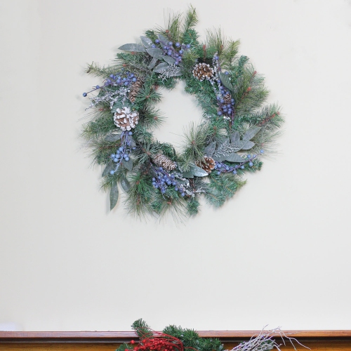 Mixed Pine and Blueberries Artificial Christmas Wreath -24-Inch, Unlit