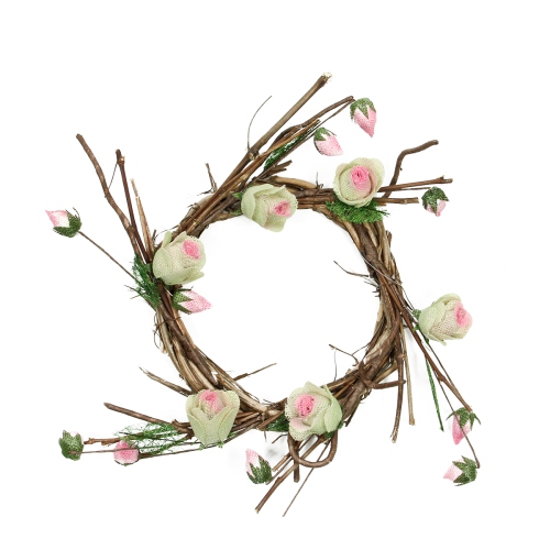Rose Twig Artificial Floral Wreath, Brown and Pink 11-Inch