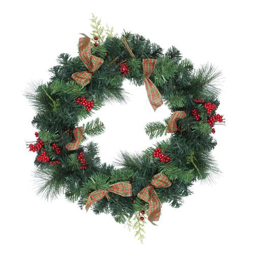 NORTHLIGHT  Pine Cones And Berries Artificial Christmas Wreath With Ribbon, 24-Inch, Unlit