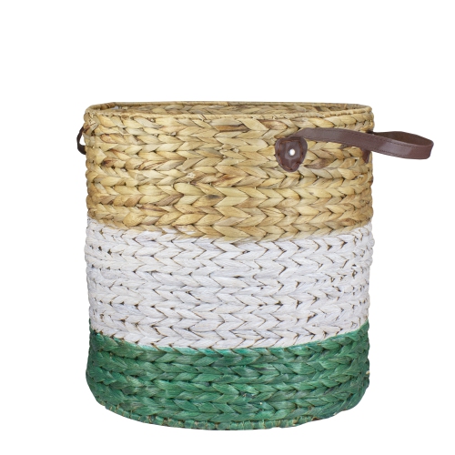 16" Beige, White and Teal Braided Wicker Basket with Handles