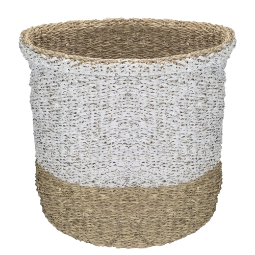 Set of 3 Beige and White Round Wicker Table and Floor Baskets