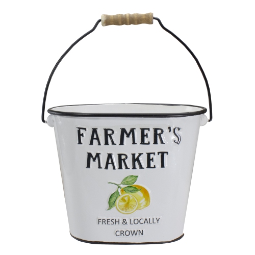 10.5" White and Black "Farmer's Market" Lemon's Metal Bucket with Handle