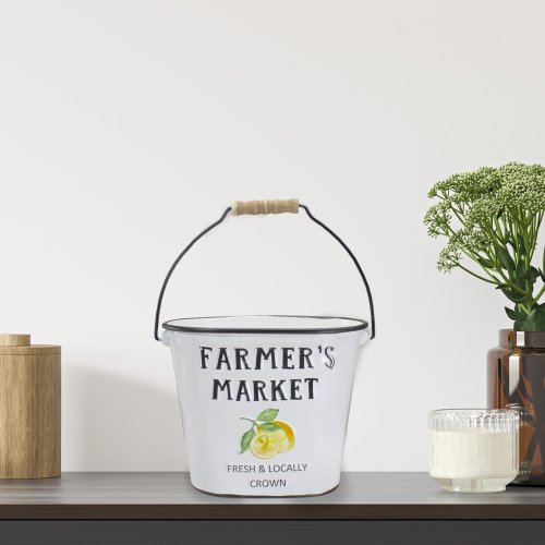 10.5" White and Black "Farmer's Market" Lemon's Metal Bucket with Handle