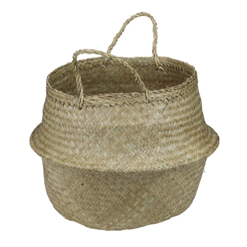 15" Brown Seagrass Wide Belly Wicker Basket with Handles
