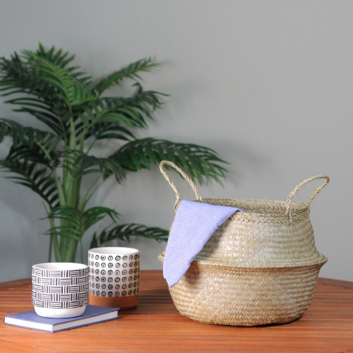 15" Brown Seagrass Wide Belly Wicker Basket with Handles