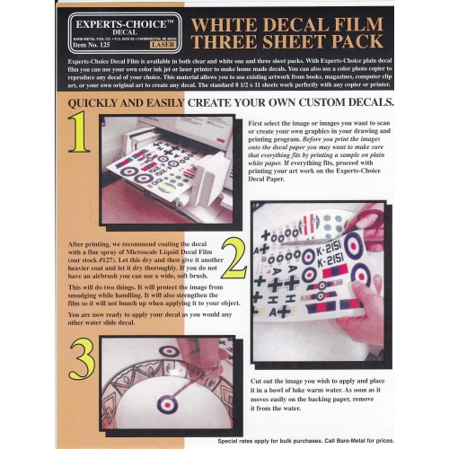 Bare-Metal Foil Co. White Laser Jet Decal Film Three Sheet Pack #125 Expert Choice