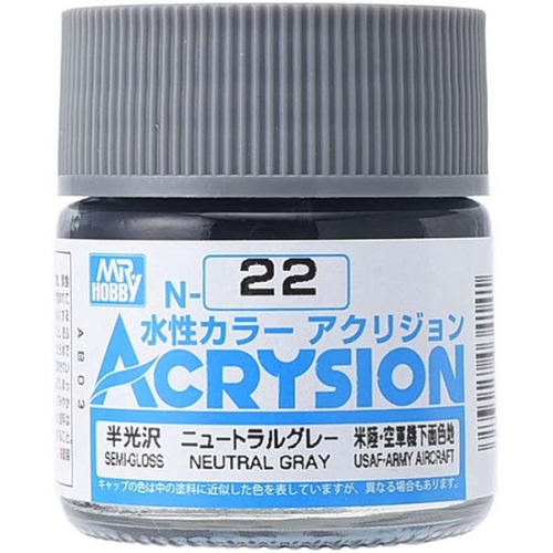 Mr. Hobby Acrysion Color - Neutral Gray (N22) 10ml Semi-Gloss Acrylic Paint