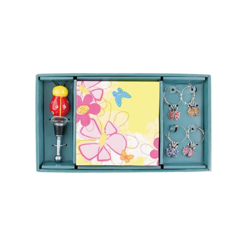 PETERSON HOUSEWARES  Gift Set Box: Deco Wine Stopper; 4 Wine Glass Charms; Deco Napkins Floral
