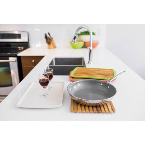 Bamboo Wood Cutting Board Lid w/ drop-through crumb spaces; on Bamboo Fibre Large Serving Tray Peach