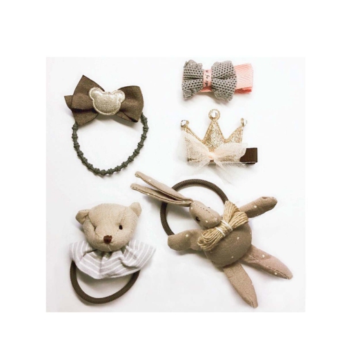 Handmade 5 Pieces Hair Accessory Kids Gift Set, Brown Bunny
